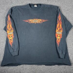 Vintage Y2K Harley Davidson Flame Skull Men's 3XL Long Sleeve Black Faded Grunge